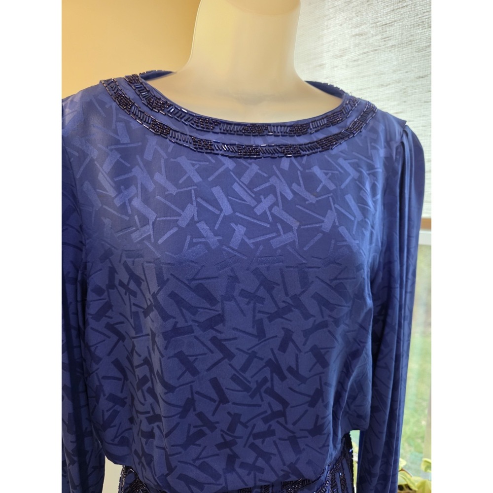 Vintage 80s Satin Print Royal Blue Maxi Cocktail Dress Open Back Sz.8/10 (M) - Picture 2 of 15